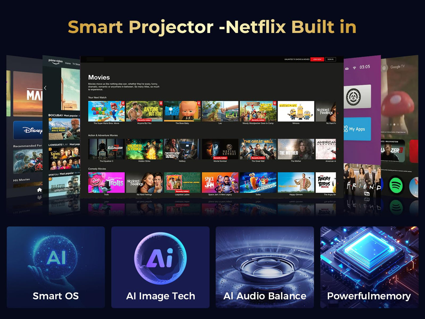 GooDee Smart 4K Projector with 5G WIFI and Bluetooth, Netflix/Amazn Prime Video Certified, Dolby Audio, Outdoor Projector, 400" Zoom Home Theater Projector Compatible with TV Stick,iOS,Android