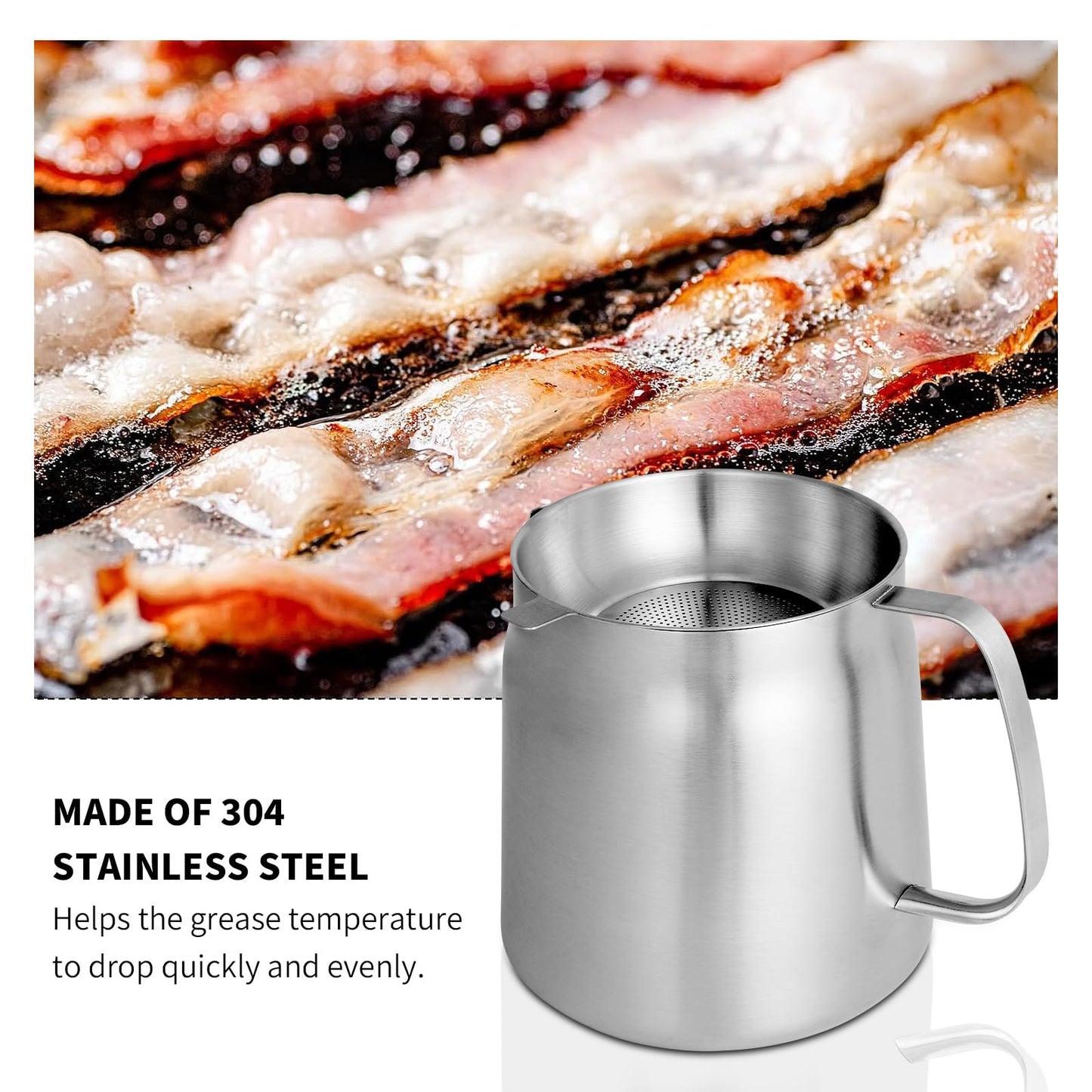 68oz 304 Stainless Steel Deep Fryer Pot with Basket & Strainer, Large Capacity Bacon Grease Container for Kitchen,Frying, Cooking, Camping,Oil Filter Container - Dishwasher Safe (68oz/2L/2.1Qt)