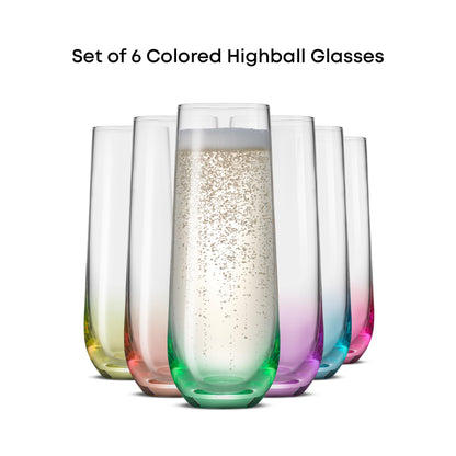 JoyJolt Hue Stemless Champagne Flutes Set of 6 Colored Glasses, 9.5oz Cocktail Glass Set for Mimosa, Stemless Champagne Glasses, Prosecco Wine Flute, Bar Glassware
