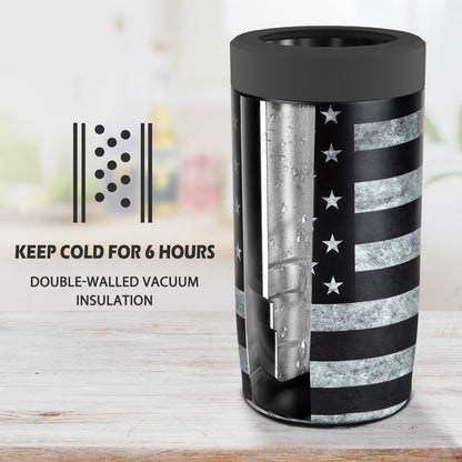 4-in-1 Slim Can Cooler Easy to Hold Insulated Beer Can Holder Double-walled Stainless Steel for All 12 Oz Cans Gift (Black America Flag 2)