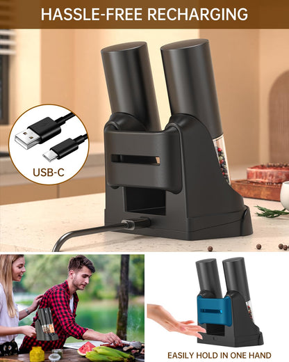 CIRCLE JOY Electric Salt and Pepper Grinder Set Automatic Salt and Pepper Grinder Set with Easy-to-Carry Charging Base and LED Light, USB Rechargeable, Upgrade External Adjustable Coarseness