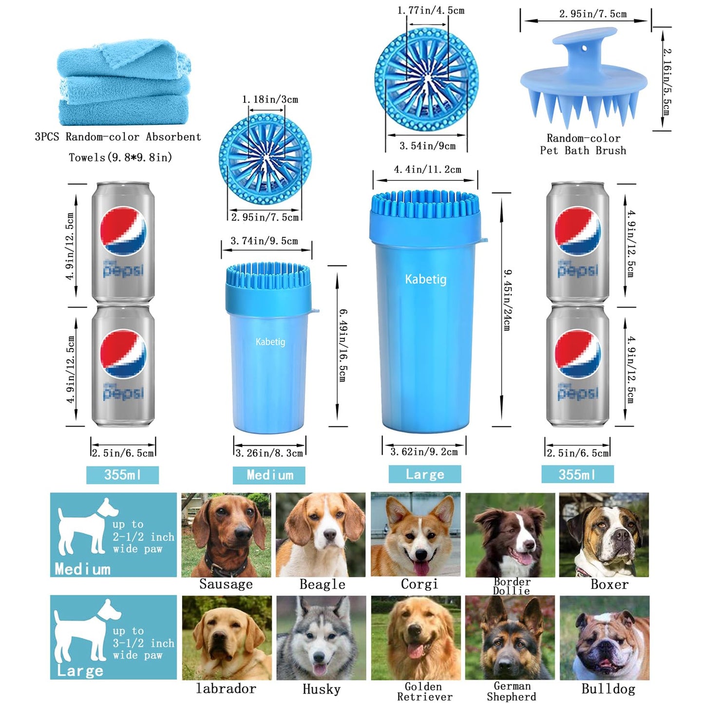 Kabetig Dog Paw Cleaner for Meduim Small Breed Dogs with 3Pcs Absorbent Towels & Graspable Dog Bath Brush (Blue, Medium)