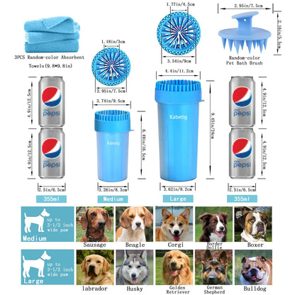 Kabetig Dog Paw Cleaner for Meduim Small Breed Dogs with 3Pcs Absorbent Towels & Graspable Dog Bath Brush (Blue, Medium)