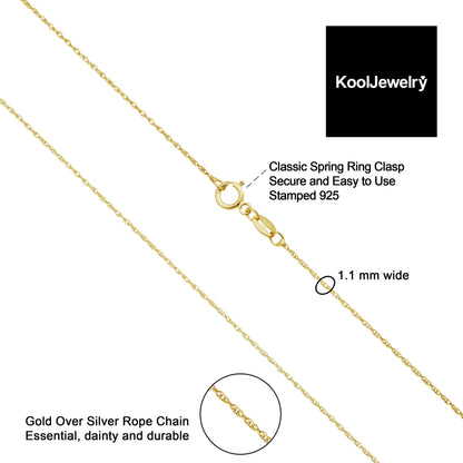 Kooljewelry Yellow Gold Plated Sterling Silver Replacement Rope Chain Necklace (1.1 mm, 20 inch)