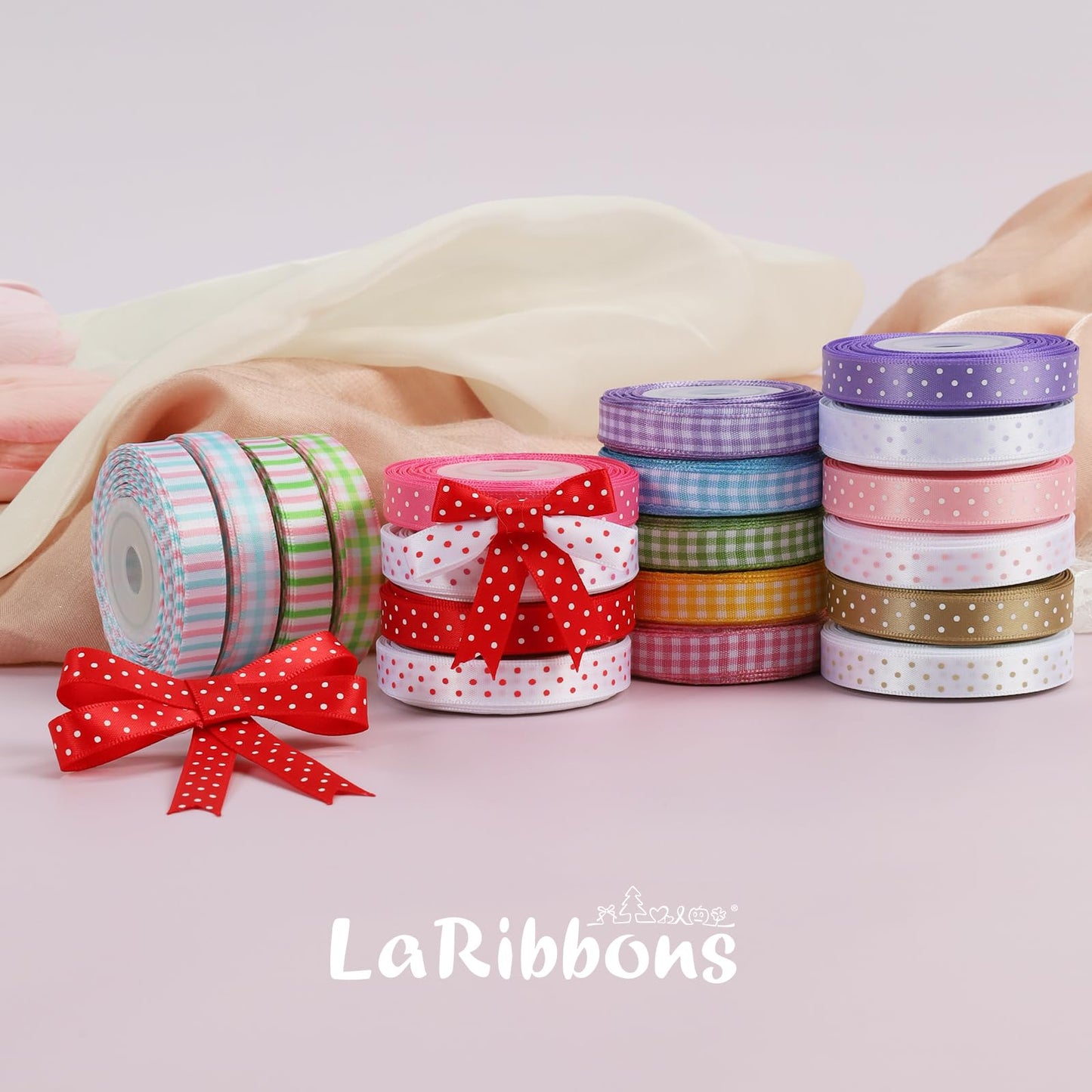 LaRibbons Polka Dot Satin Ribbon Variety Pack 100 Yards, 3/8" X 10 Yards/Roll Hot Pink Red Purple Khaki Assorted Ribbons for Crafts, Valentines, Gift Wrapping, Hair Bows
