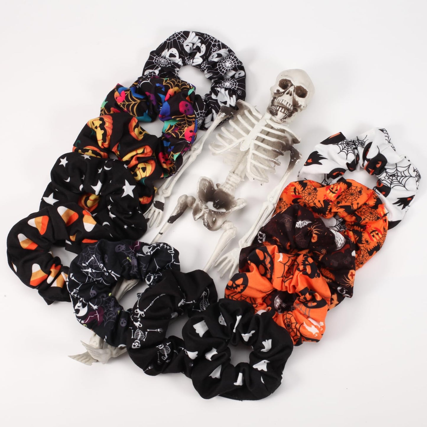 Halloween Hair Scrunchies BOO Spooky Pumpkin Fall Scrunchies Skull Ghosts Bat Star Moon Candy Spider Web Skeleton Hair Ties for Women Girls Elastics Scrunchy Halloween Gifts Accessories 12 PCS