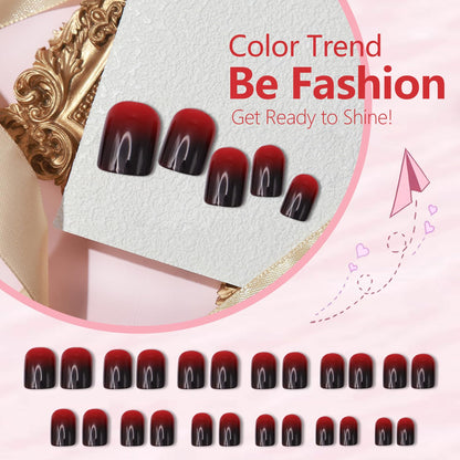 Halloween Red & Black Gradient Press on Nails Short Square Shaped False Nails Designs Glossy Reusable Fake Nails Full Cover Acrylic Nails Halloween Stick on Nails for Women DIY Manicure 24 Pcs