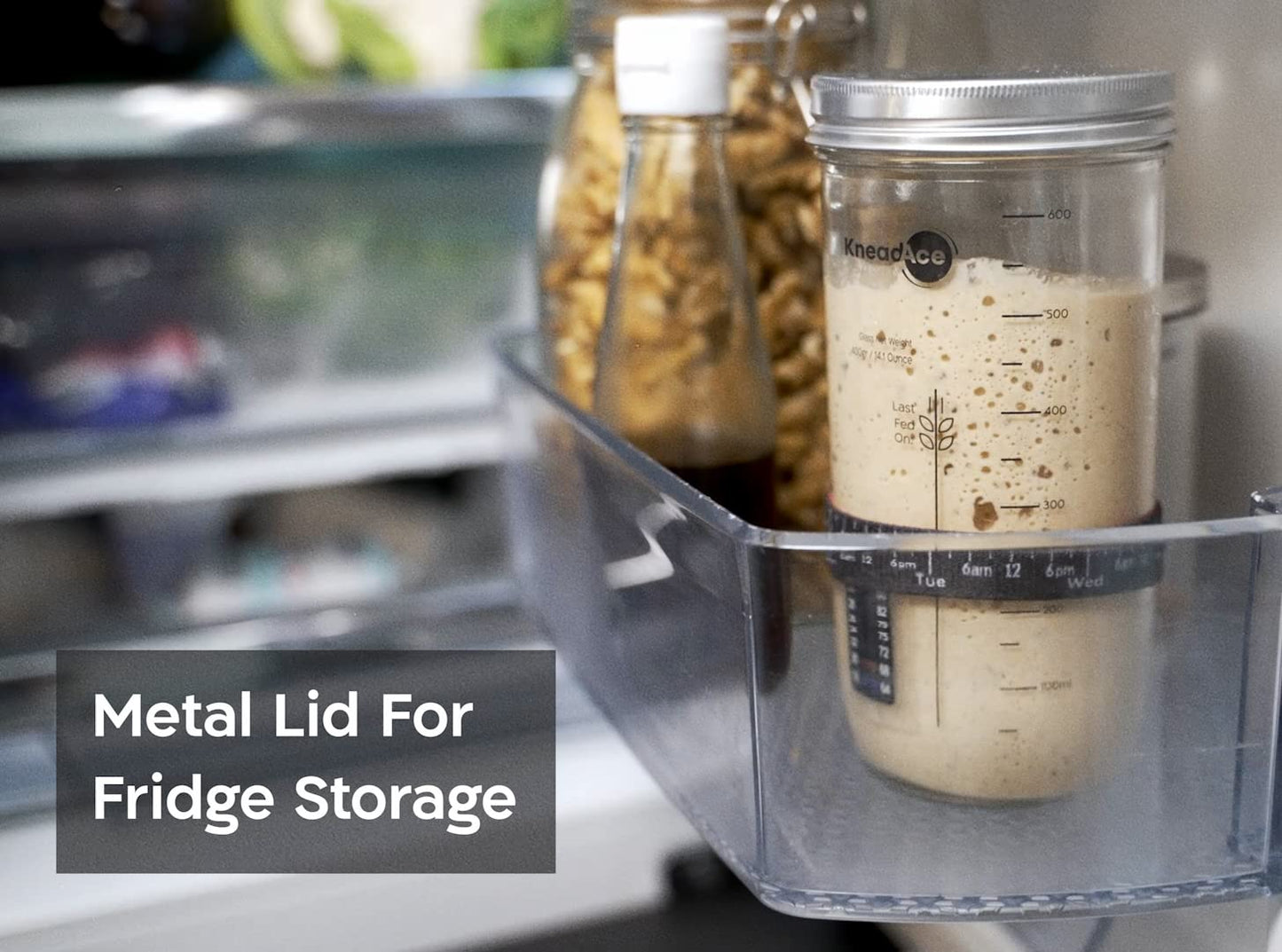 KneadAce Sourdough Starter Jar With Date Marked Feeding Band, Thermometer, Sourdough Jar Scraper, Sourdough Container Sewn Cloth Cover & Metal Lid, Sourdough Starter Kit