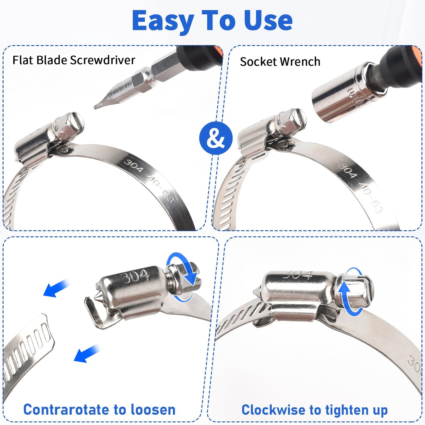 Hose Clamp, 10 Pieces 2.5 Inch Stainless Steel Hose Clamps for 1 1/2 Inch to 2 1/2 Inch Hose Pipe Large Adjustable Worm Gear Hose Clamp Assortment Kit for Automotive Radiator Fuel Line Mechanical