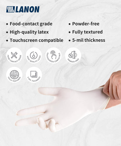 LANON 5 mil Latex Disposable Gloves, Food-Contact Grade, Powder-Free, Fully Textured, White, Large