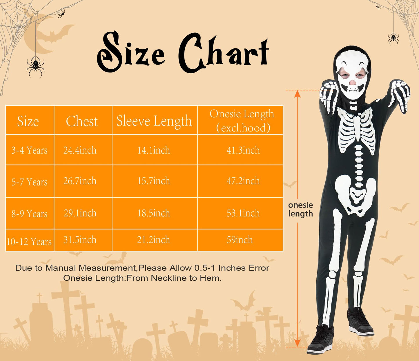 FAYBOX Skeleton Costume Glow in The Dark for Kids Toddler, Halloween Fortnite Onesie for Boy Girls with Pumpkin Candy Bag(5-7)