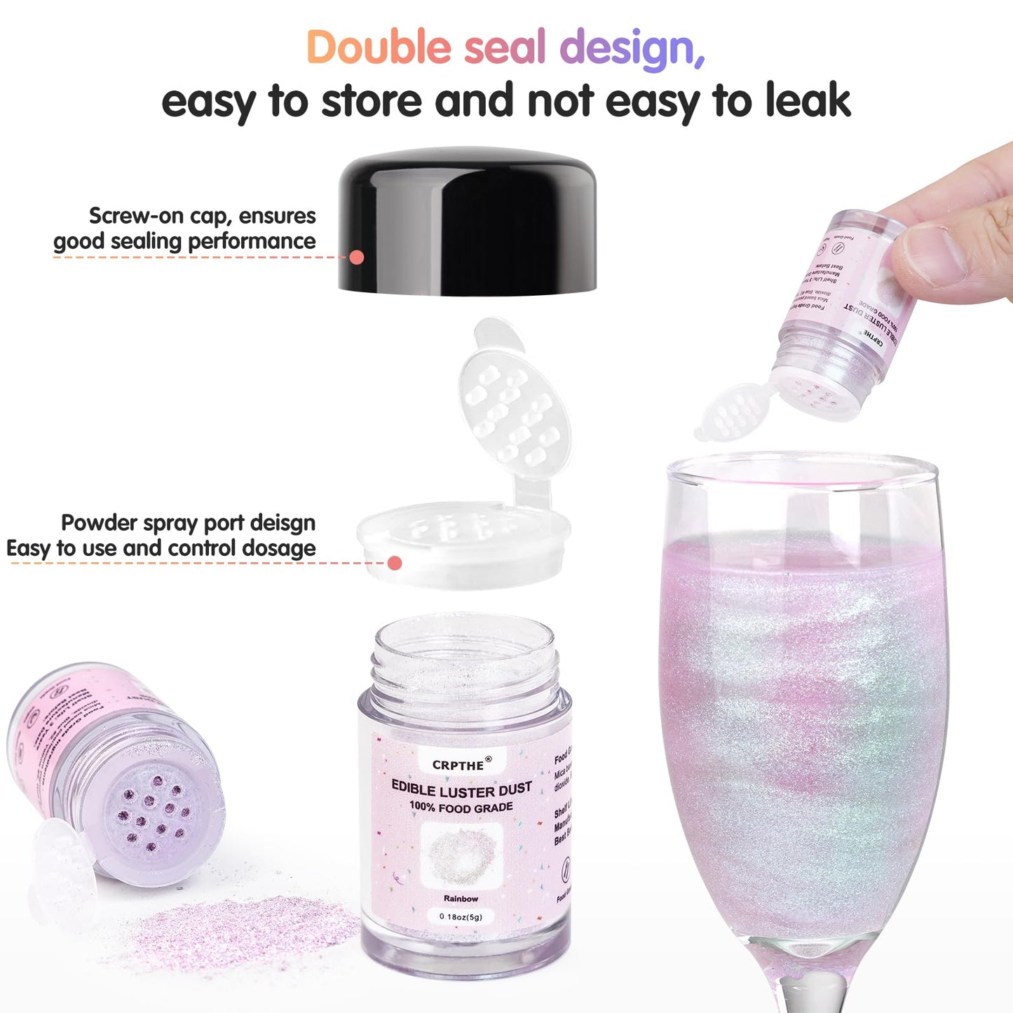 CRPTHE 6 Colors Luster Dust Edible Set, Edible Glitter for Cocktails, Food Grade Glitter Shimmer Sprinkle Powder for Drinks, Baking, Beverages, Cakes, Strawberries, Cookies, Fondant, Vegan(5g/Bottle)