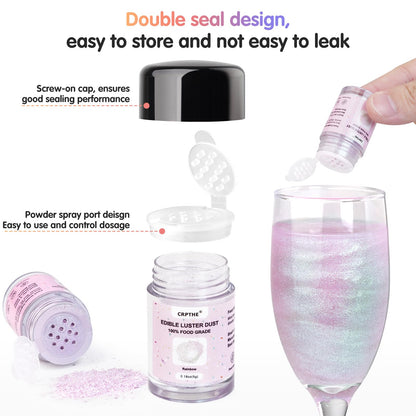 CRPTHE 6 Colors Luster Dust Edible Set, Edible Glitter for Cocktails, Food Grade Glitter Shimmer Sprinkle Powder for Drinks, Baking, Beverages, Cakes, Strawberries, Cookies, Fondant, Vegan(5g/Bottle)