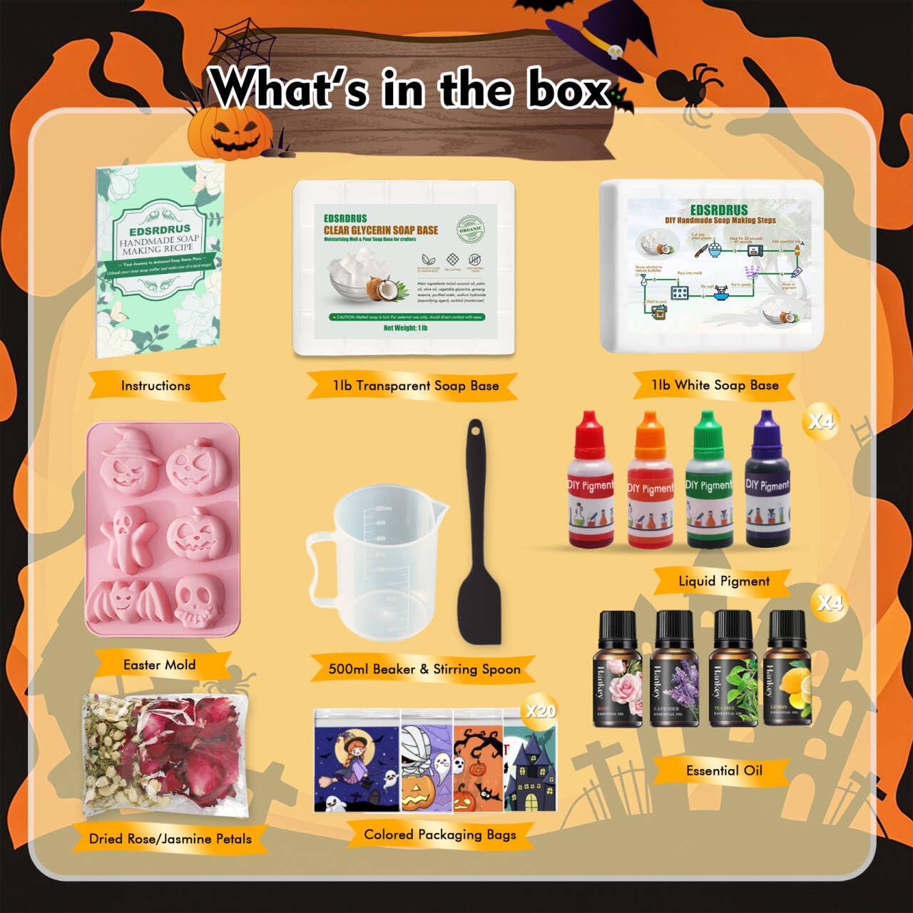 EDSRRDRUS Halloween Soap Making Kit for Adults - 2lbs Glycerin Melt & Pour Soap Base, Essential Oils, Dyes, Halloween Pumpkin Skull Bat Molds & Complete Soap Making Supplies