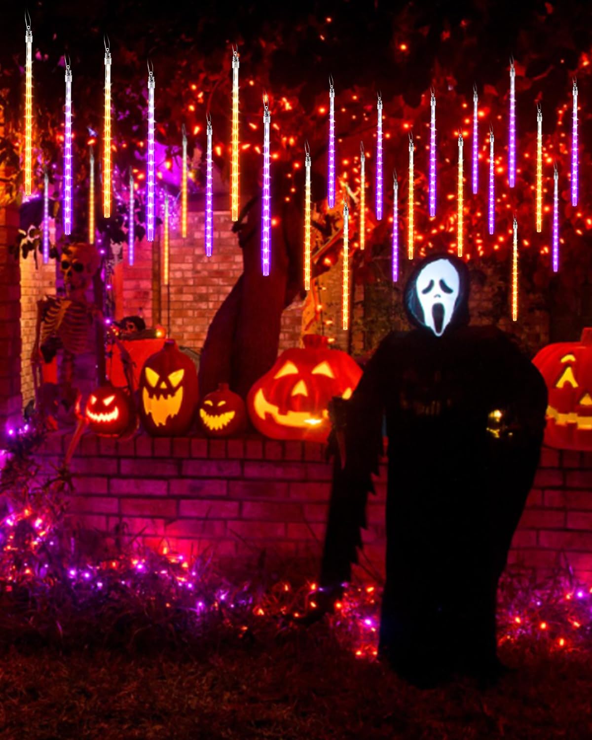 Halloween Lights Outdoor 20 Tubes 480 LED Raindrop Meteor Shower Icicle Lights with Timer Function Cascading Light Falling Rain Light for Halloween Orange Purple