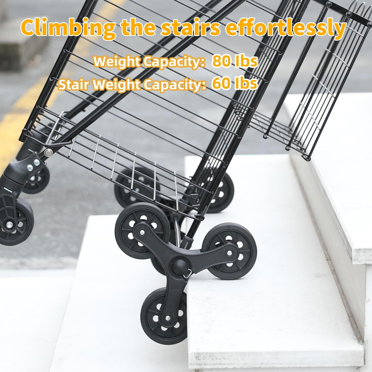 Kiffler Grocery Shopping Cart with 360° Rolling Swivel Wheels Stair Climber Utility Cart Easily Collapsible Cart with Tri-Wheels, 66lb Extended Foam Cover, Trolley for Stair, Laundry, Travel (Black)