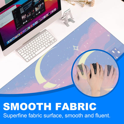 Desk Mat, Anime Moon City Night Scene Extended Gaming Mouse Pad Large, 35.4"x15.7" Big Mouse Pad with Non-Slip Base and Stitched Edge, Long Computer Keyboard Mouse Mat for Home Office Work