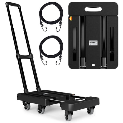 Folding Hand Trucks, Heavy Duty Dolly Cart with 6 Wheels & 2 Elastic Ropes, Foldable & Ideal for Luggage, Travel, Moving, Shopping, Office Use, Hold Up to 500 LB, Easy to Store, Black