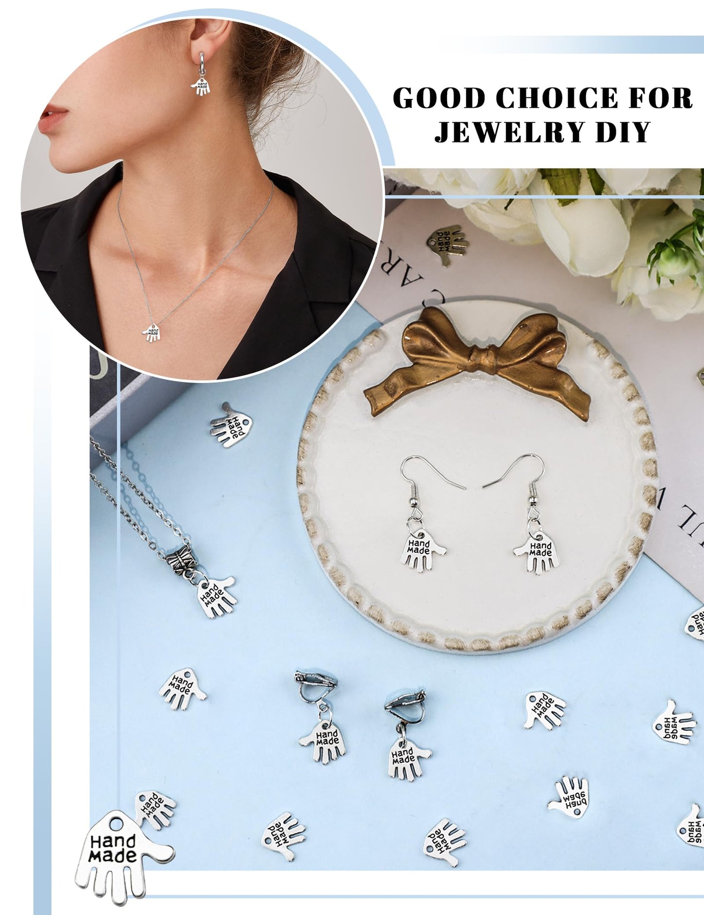 JIALEEY 100PCS Hand Shaped Charms Hand Made Tag Signs Charms Carved Silver Tone for Fashionable Jewelry Making Charms Findings Crafting Sewing