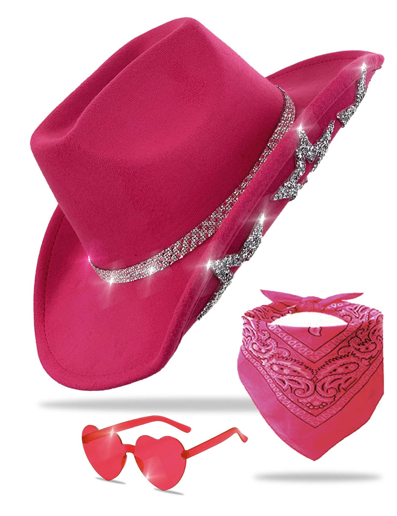 JICASTO Cowboy Hat for Women Men 6 Sparkly Stars Brim & Rhinestone Belt Western Cowgirl Hat with Sunglasses Bandanas (US, Alpha, One Size, Hot Pink)
