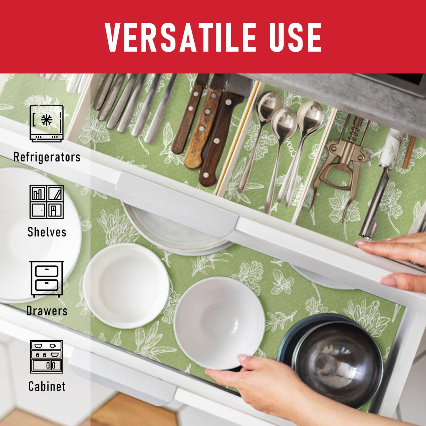 Cooyes Drawer & Shelf Liner for Kitchen Cabinets, Breathable Cloth Material, Machine Washable, Refrigerator Liners with Non-Slip Particles, Keep Produce Fresh Longer, 12 Pack, 12" * 24", Sage Green