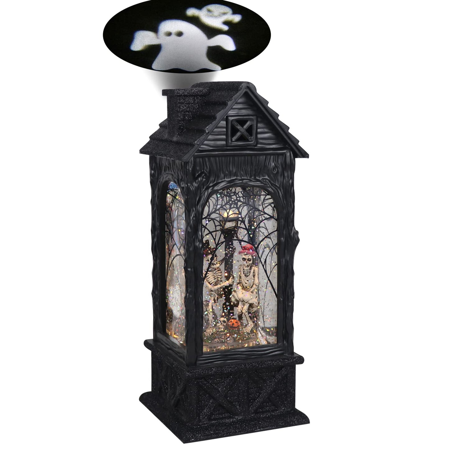 GenSwin Halloween Skeleton Snow Globe Lantern Ghost Projection Lamp with 6 Hour Timer, Battery Operated & USB Powered LED Spinning Water Glittering Globe Halloween Decoration Parties(11”, 3AA)
