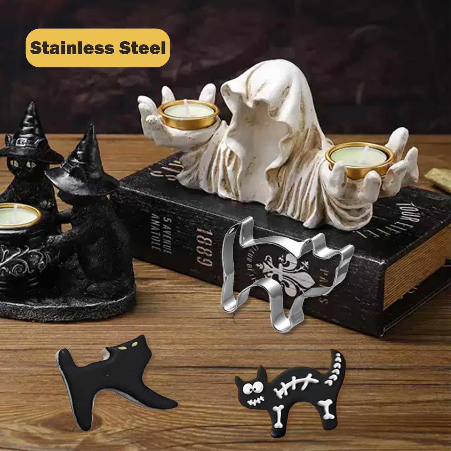 Halloween Cookie Cutters Set Large - Witch's Hat, Pumpkin, Ghost, Bat and Cat Cutter Stainless Steel