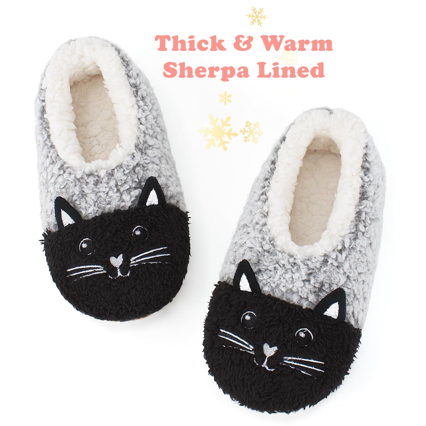 cosyone1997 Cute Slippers for Women Adults Kids Girls Teens, Fuzzy Bedroom Shoes Indoor, Soft Cozy Fluffy House Socks, Unique Funny Christmas Gifts for Mom Grandma Animal Lovers, Black Cat Size 7-8