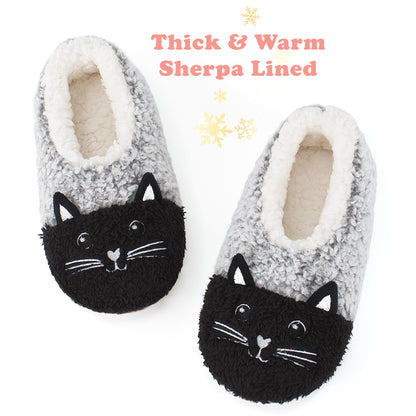 cosyone1997 Cute Slippers for Women Adults Kids Girls Teens, Fuzzy Bedroom Shoes Indoor, Soft Cozy Fluffy House Socks, Unique Funny Christmas Gifts for Mom Grandma Animal Lovers, Black Cat Size 7-8