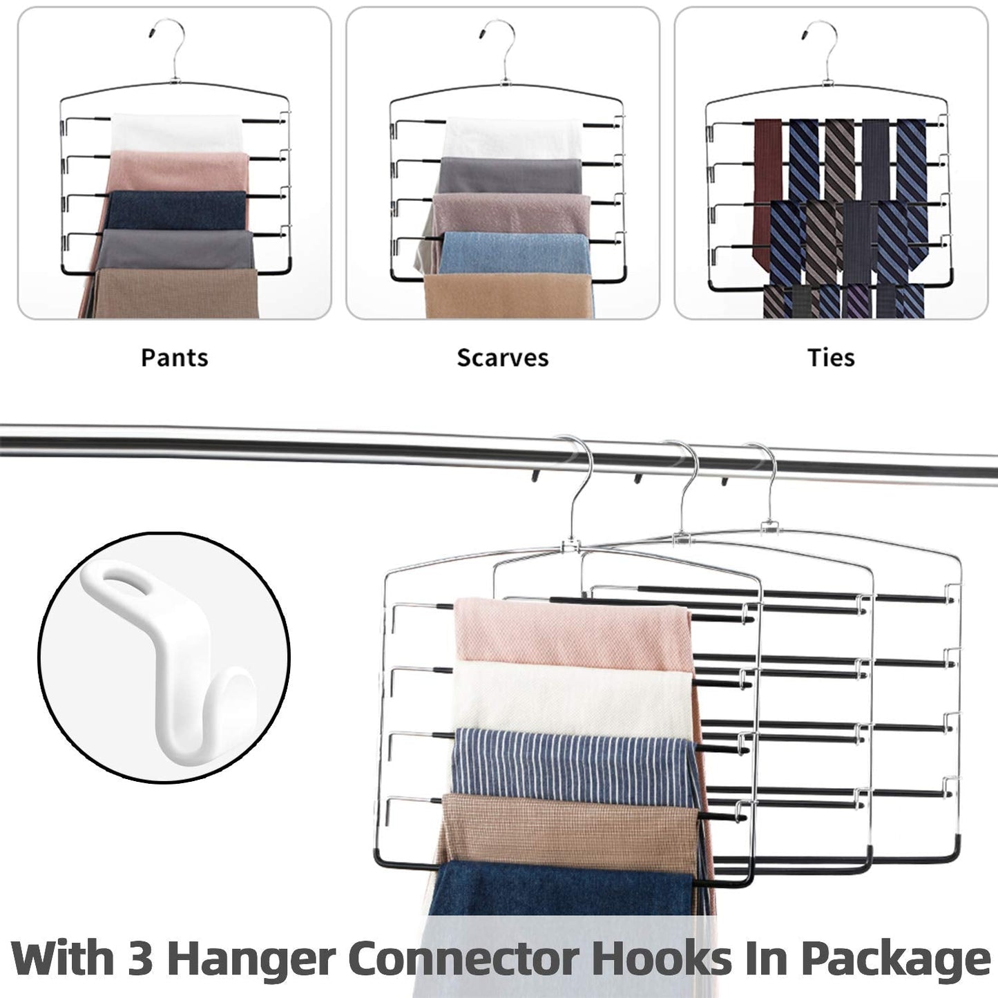 FeeraHozer Pants Hangers Non Slip 3 Pack Space Saving Hangers Multi-Layer Swing Arm Pants Hanger Stainless Steel Space Saver Hanger Closet Storage Organizer for Jeans Trouser Slacks Clothes (Black)