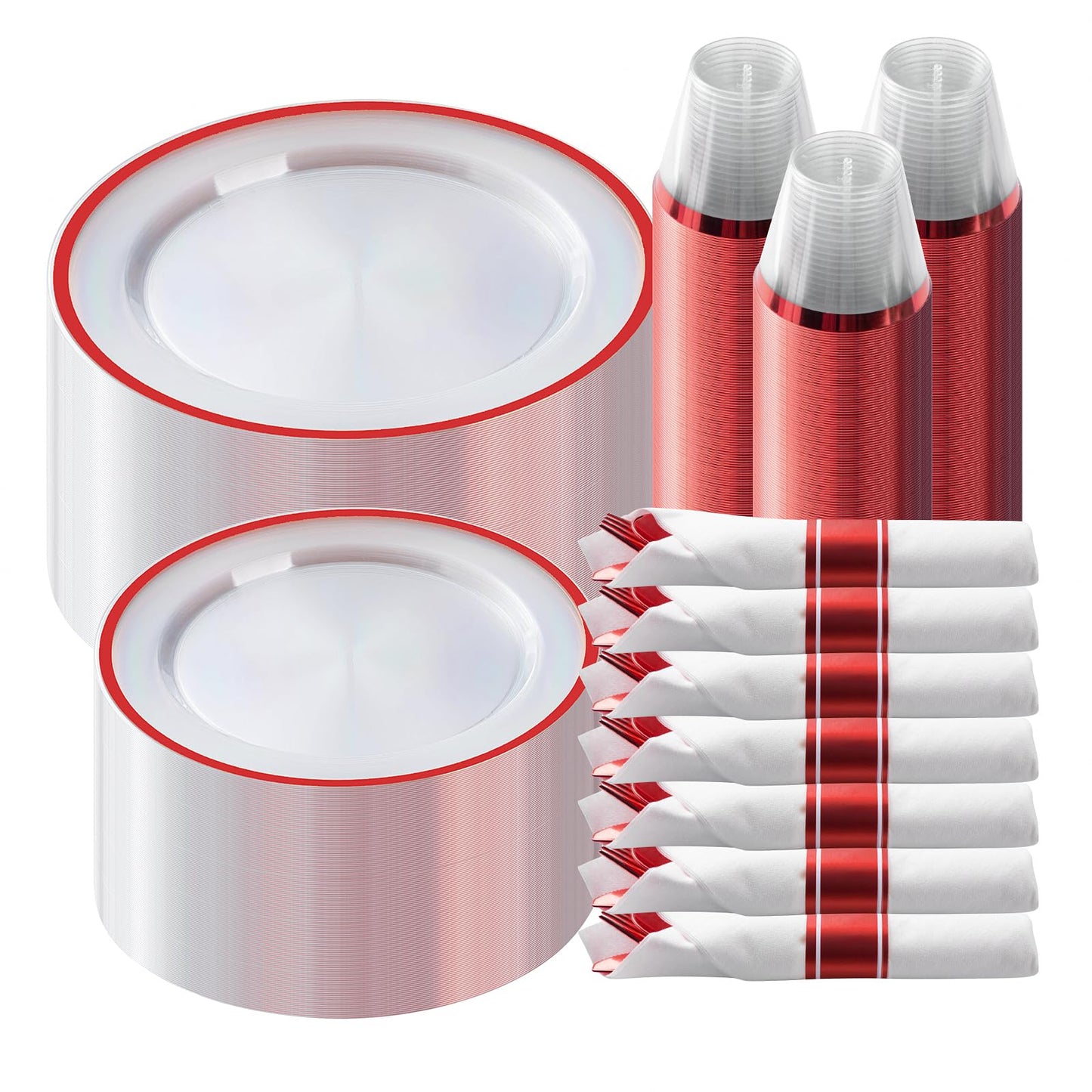 Goodluck 350 Piece Red Plastic Dinnerware Set for Party, Clear Disposable Plates for 50 Guests, Include: 50 Dinner Plastic Plates, 50 Dessert Plates, 50 Pre Rolled Napkins with Cutlery Set, 50 Cups
