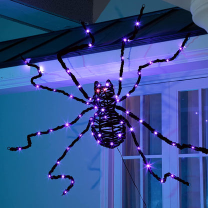 EAMBRITE Halloween Decorations Outdoor 5FT Bendable Scary Giant Spider with 83LT Purple Lights Black Fake Spider for Halloween Indoor Outdoor Yard Home Parties Creepy Décor