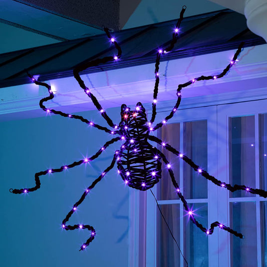 EAMBRITE Halloween Decorations Outdoor 5FT Bendable Scary Giant Spider with 83LT Purple Lights Black Fake Spider for Halloween Indoor Outdoor Yard Home Parties Creepy Décor