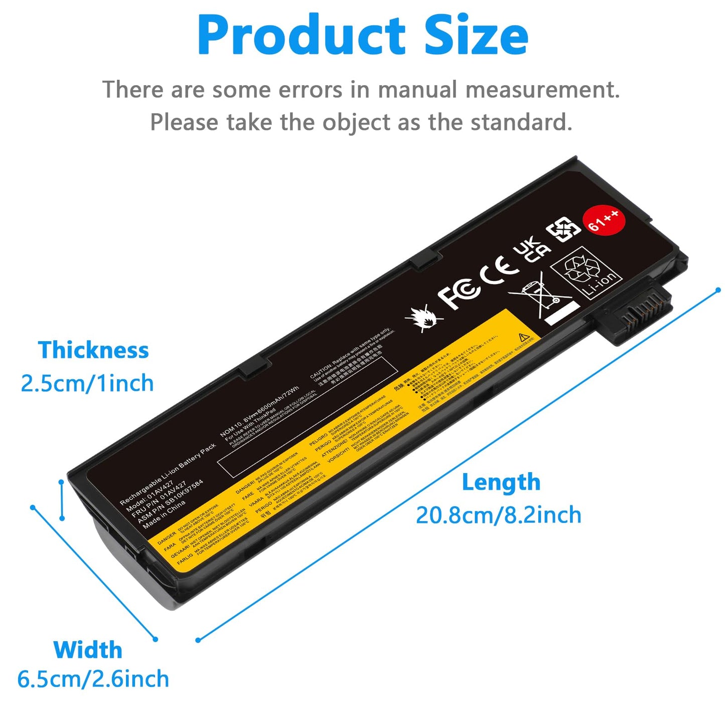72Wh 61++ 01AV427 01AV425 Battery for Lenovo ThinkPad T480 T470 P51S P52S T570 T580 A485 A475 TP25 Series SB10K97584 SB10K97585 01AV490 01AV492 X50M08812 4X50M08812 01AV422 01AV423 01AV428