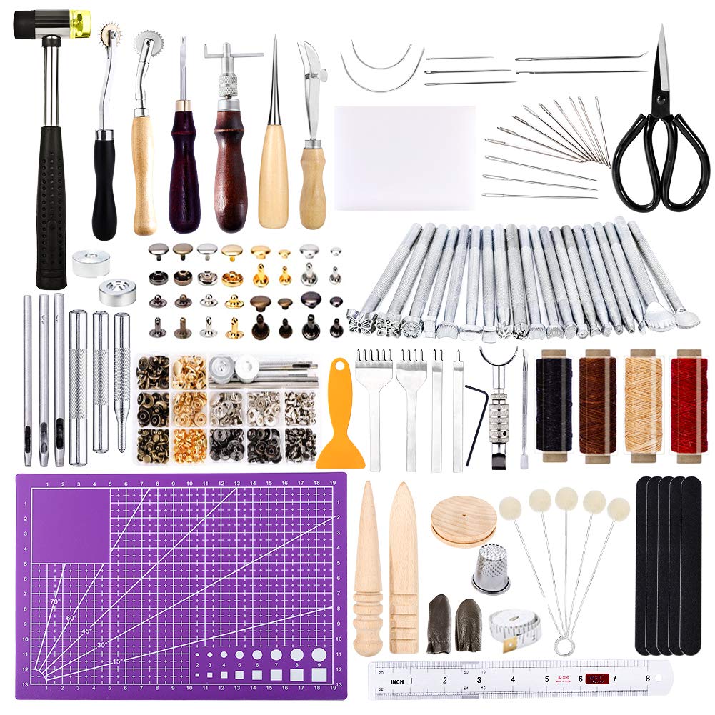 183Pcs Leather kit, Leather Working Tools Kit with Saddle Making Tools Set, Leather Rivets Kit, Prong Punch, Leather Hammer for Leather Working, Leather Making, Leather Craft DIY