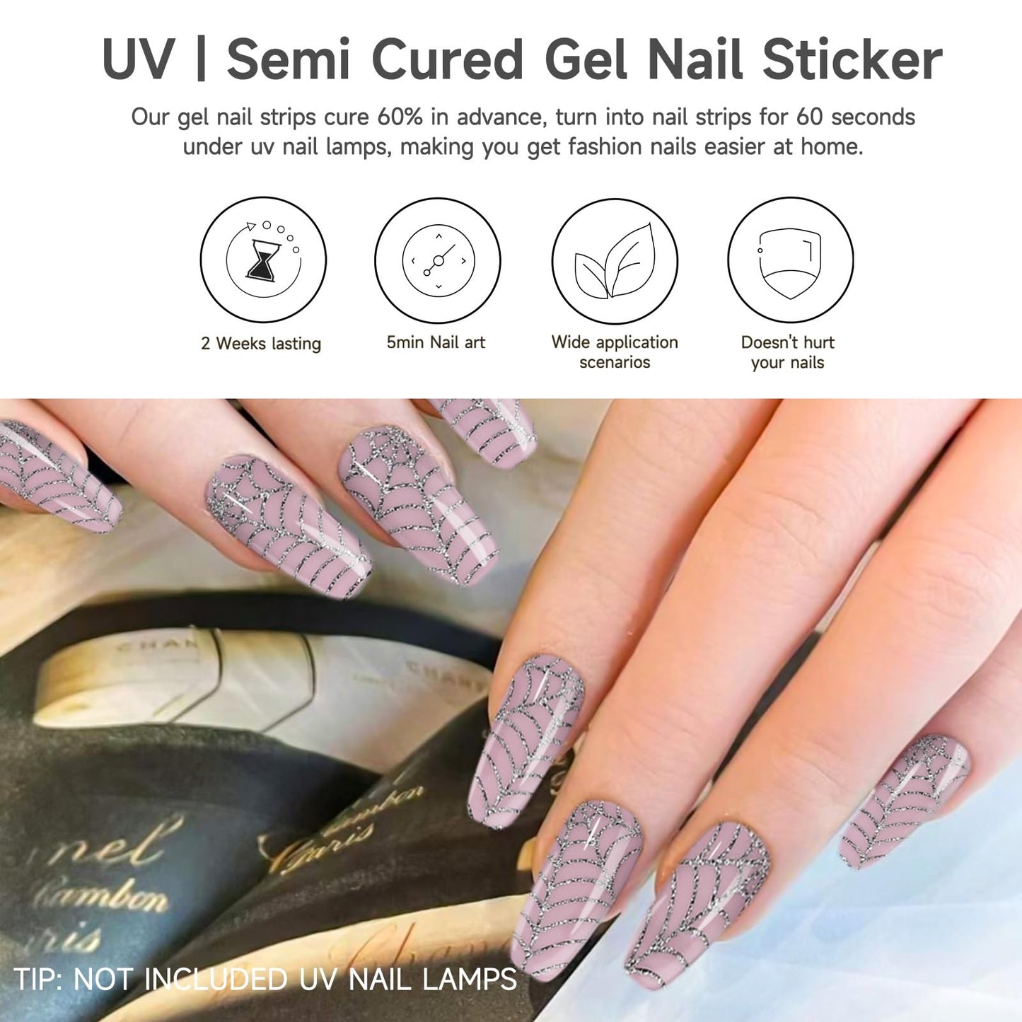 DUKASOU Semi Cured Gel Nail Strips | 28 pcs Gel Nails Strips Halloween Work with Any UV Lamps, Long Lasting UV Nail Stickers for Women DIY Nails Wraps (Spider Web)
