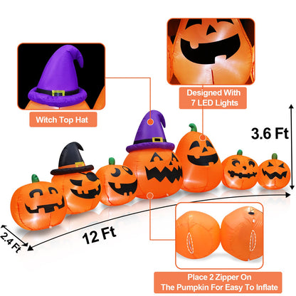12 Ft Long Halloween Inflatables Pumpkins Outdoor Yard Decoration, 7 PCS Blow up Pumpkins and 2 Witch Hats Built-in LED Lights for Home Holiday Party Lawn Patio Outside