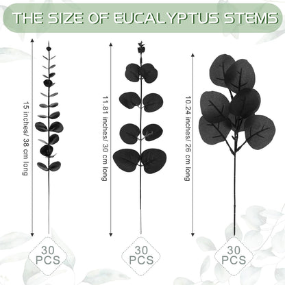 Giegxin 90 Pcs 3 Kinds Mixed Eucalyptus Leaves Stems Bulk Artificial Silver Dollar Leaves Picks Dried Eucalyptus Bundle Faux Spray for Wedding Vase Bouquet Floral Arrangement (Black)