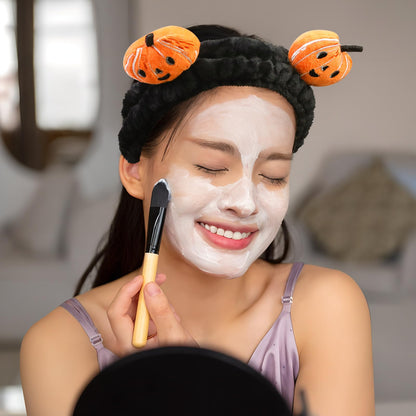 FlyingMage Spa Headband for Washing Face, 2 Pack Cute Halloween Hair Band for Shower Yoga Beauty, Fluffy Makeup Headband, Kawaii Facial Headbands for Woman Girls, Orange+Black Pumpkin