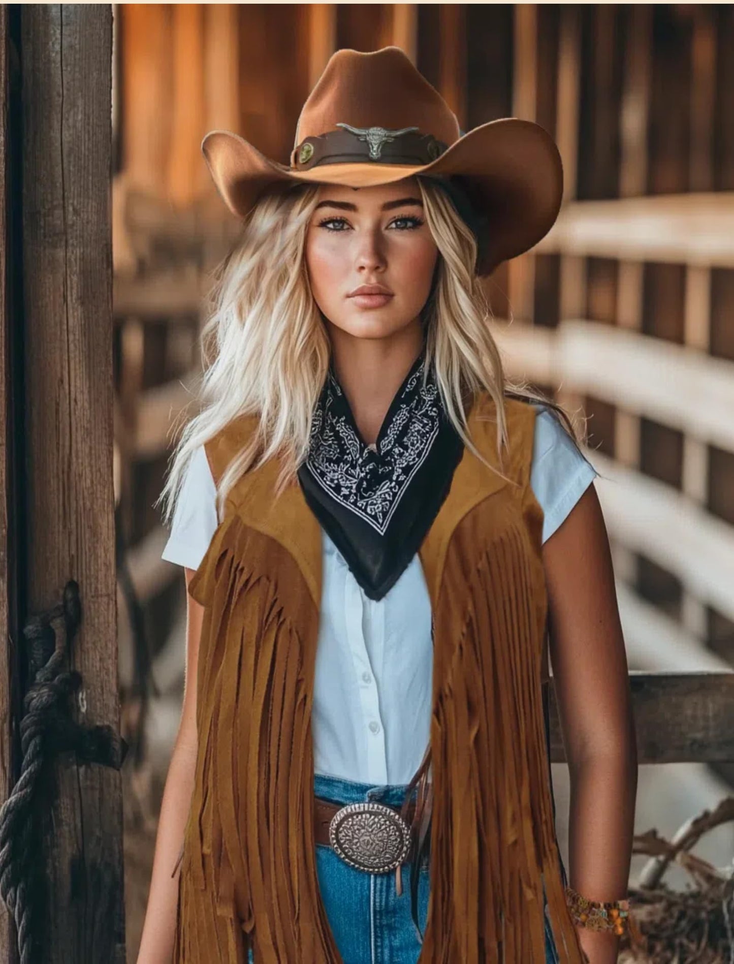 6 PC Cowgirl Western Outfits for Women Retro Cowgirl Costumes Fringe Vest Cow Girl Hat for Women Country 70s Hippie Outits (Brown, S)