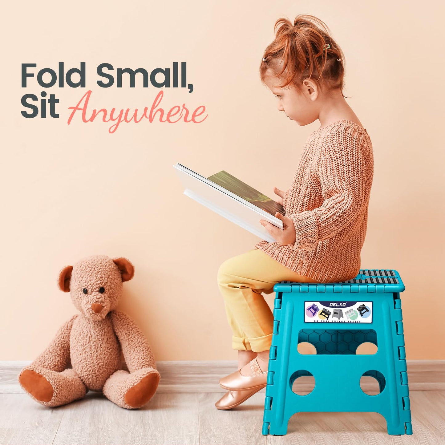 Delxo Folding Step Stool 13 Inch Non-Slip Foldable Stools Up to 300 LBS Kitchen Collapsible Fold Up Stepping Stool with Dotted 1 Pack Blue