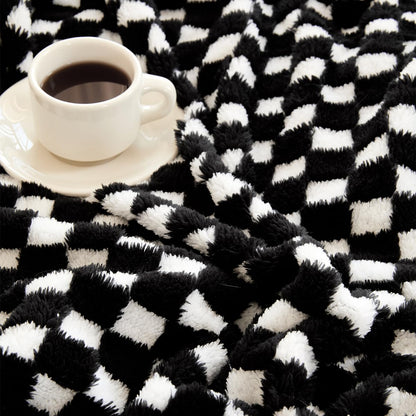 CozyRest Flannel Throw Blanket Super Soft Lightweight Bed Blanket 3D Checkered Pattern All-Season Cozy, Plush Bed Couch Blanket for Adults (Black, 50 x 60 inches)