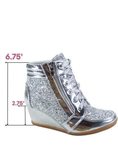 Forever Link Women's Fashion Glitter High Top Lace Up Wedge Sneaker Shoes,Silver,8.5