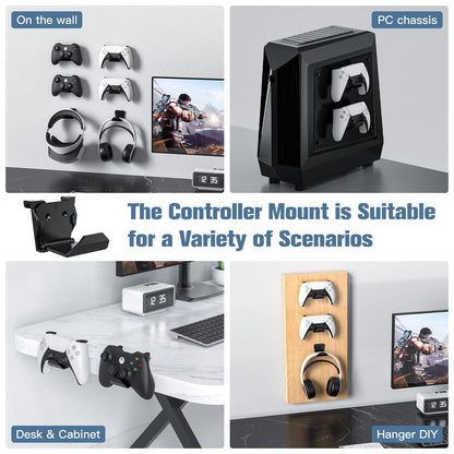 KUNSLUCK 6 Pack Controller Wall Mount – Universal Game Controller Holder for PS5, Xbox, Switch – Adhesive or Screw Installation – Headset & Controller Storage Hook (Black)