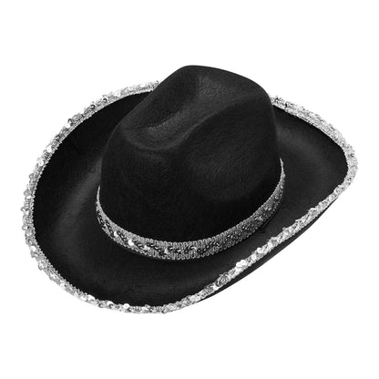 Juaugusep Western Cowboy Costume Set Bandana Wide Brim Western Style Sequins Cowgirl Hats & Tassel Scarf 2PCS Set for Party (Black Sequin, 2Pcs)