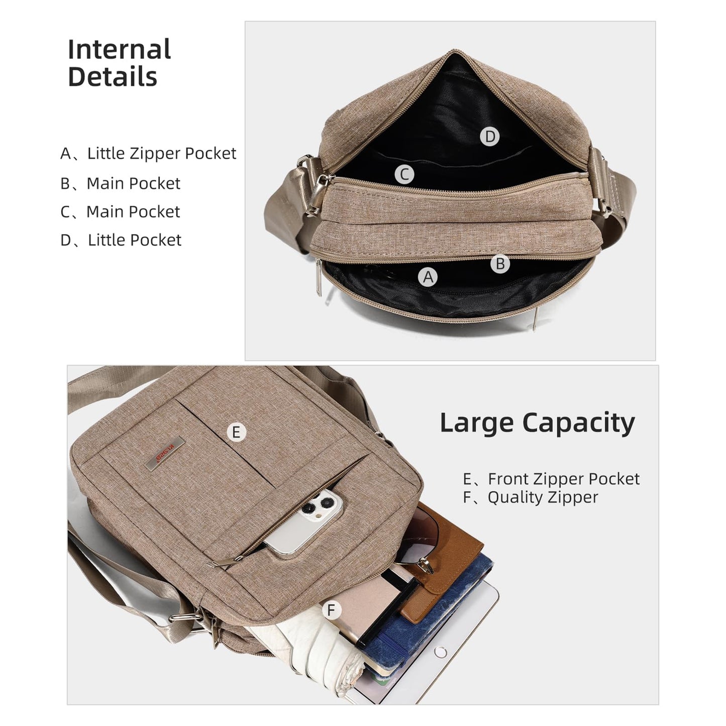 KL928 Men's Messenger Bag - Crossbody Shoulder Bags Travel Bag Man Purse Casual Sling Pack for Work Business (1401-2-Khaki)