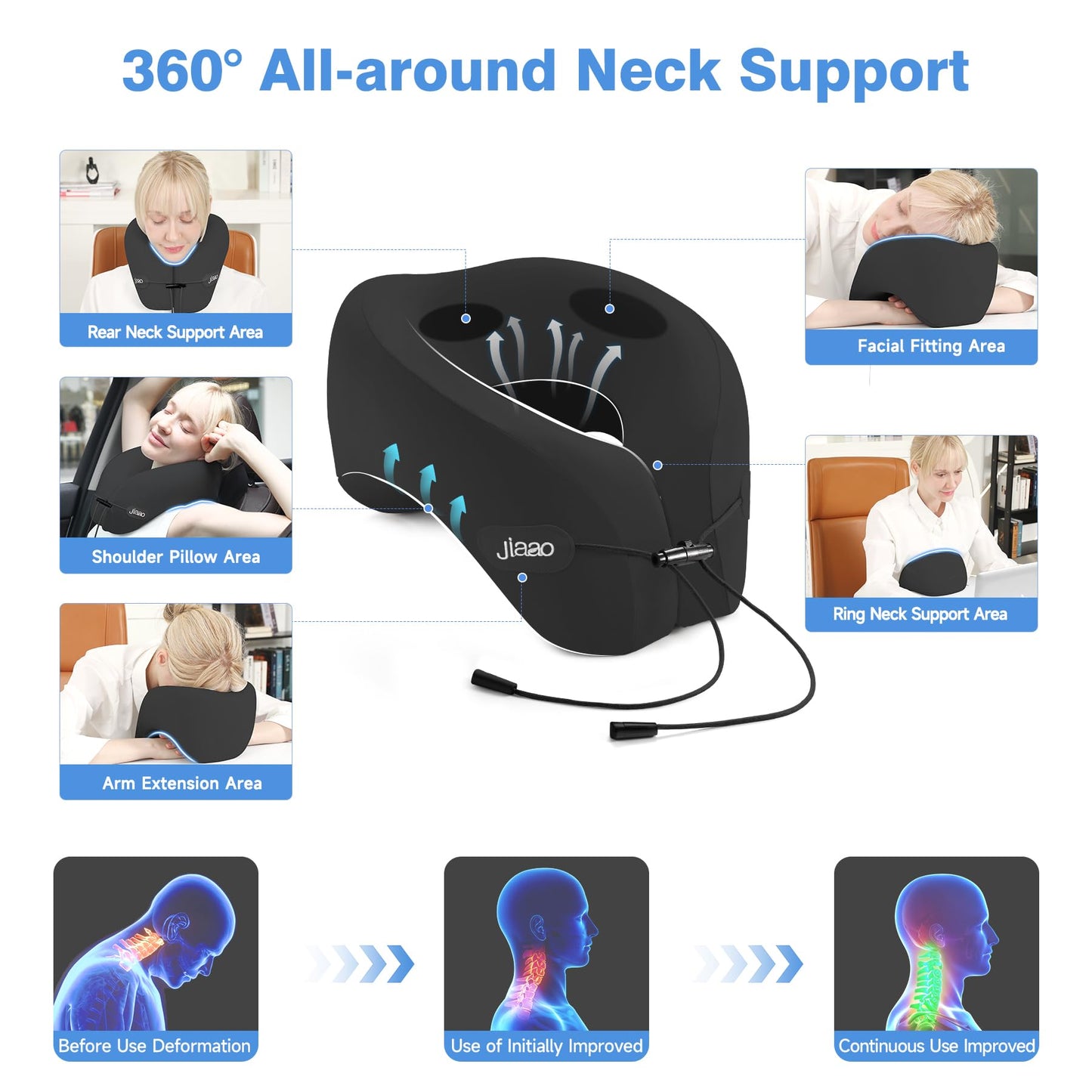 jiaao Neck Pillow Airplane, 2025 Upgraded Memory Foam Travel Pillow for International Flights, Adjustable Clasp, Storage Bag, Advanced Neck Support for Road Trips, Home, Office, and Gaming