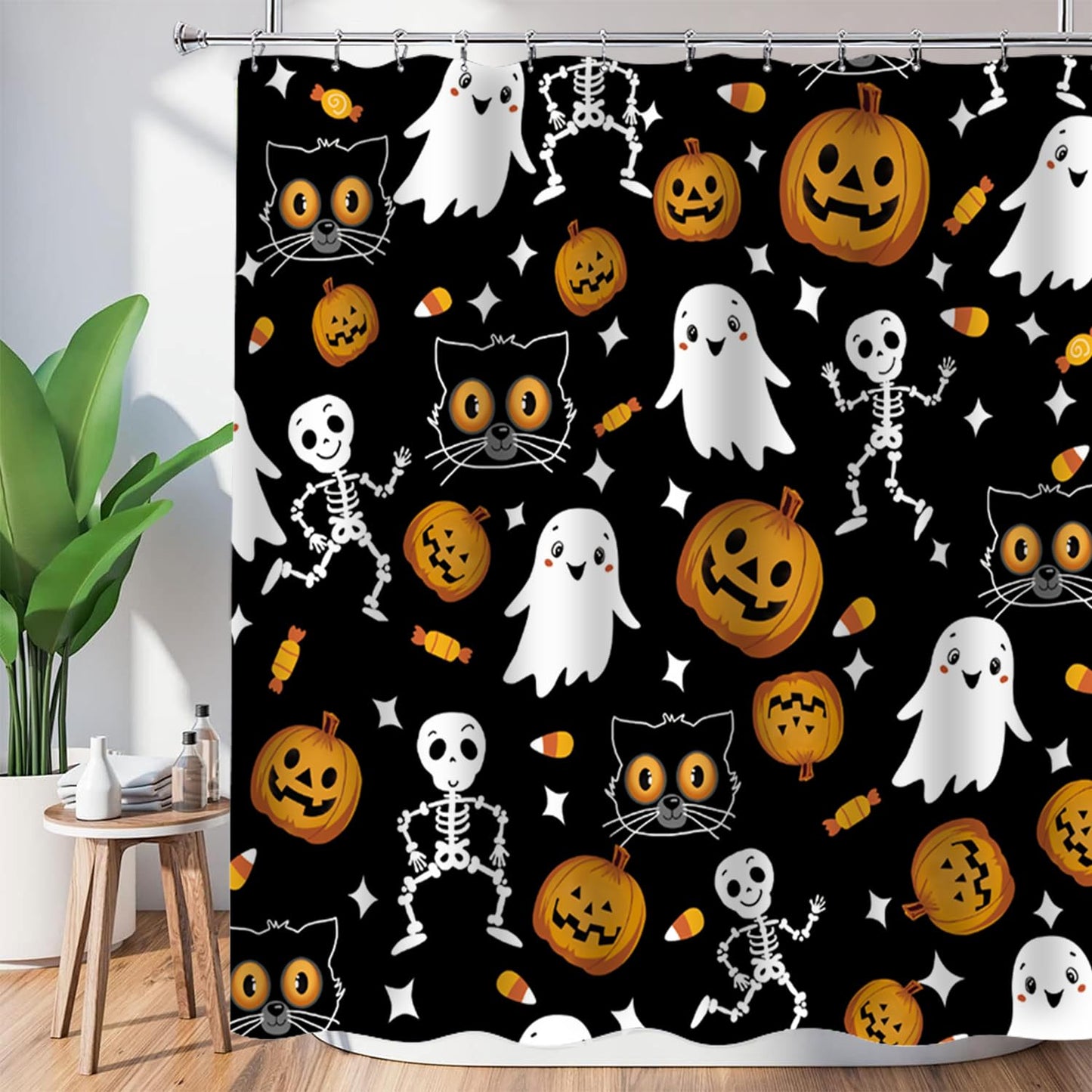 Cnayuep Halloween Shower Curtain, Black Fall Shower Curtains for Bathroom, Horror Skeleton Halloween Curtains Ghost Shower Curtain Set for Bathroom Decor, Waterproof Bathroom Curtain 72"X72"