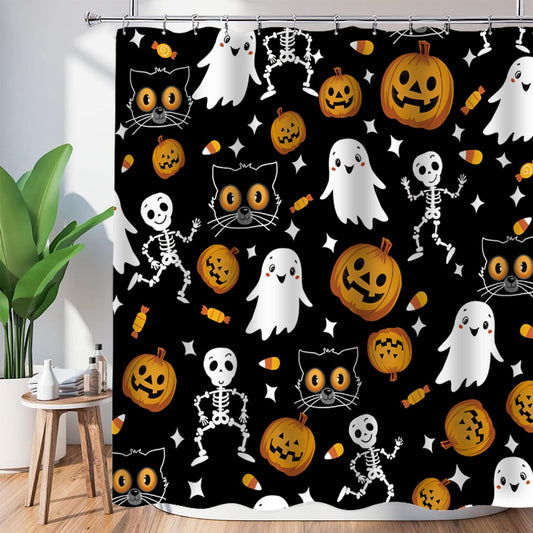 Cnayuep Halloween Shower Curtain, Black Fall Shower Curtains for Bathroom, Horror Skeleton Halloween Curtains Ghost Shower Curtain Set for Bathroom Decor, Waterproof Bathroom Curtain 72"X72"