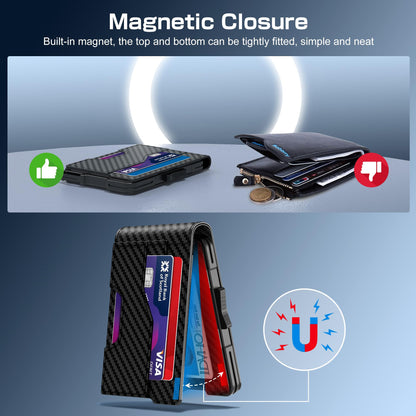 Kunlgro Wallet for Men - Pop Up Case, Cash Slot, and Credit Card Wallet - Slim Minimalist Aluminum Front Pocket Wallet with RFID Blocking/ID Window (Vertical Carbon Fiber)